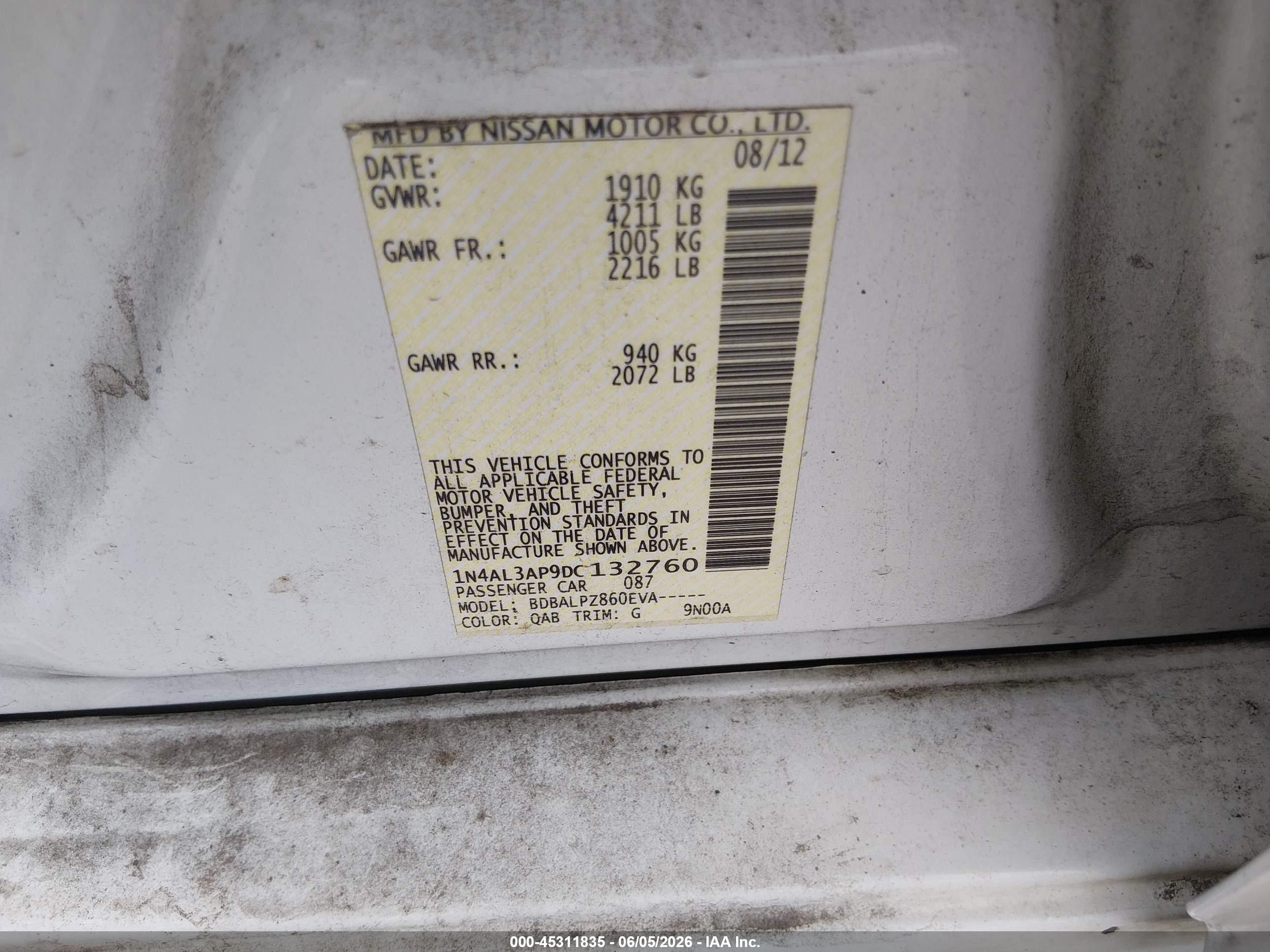2013 Nissan Altima 2.5 White vin: 1N4AL3AP9DC132760