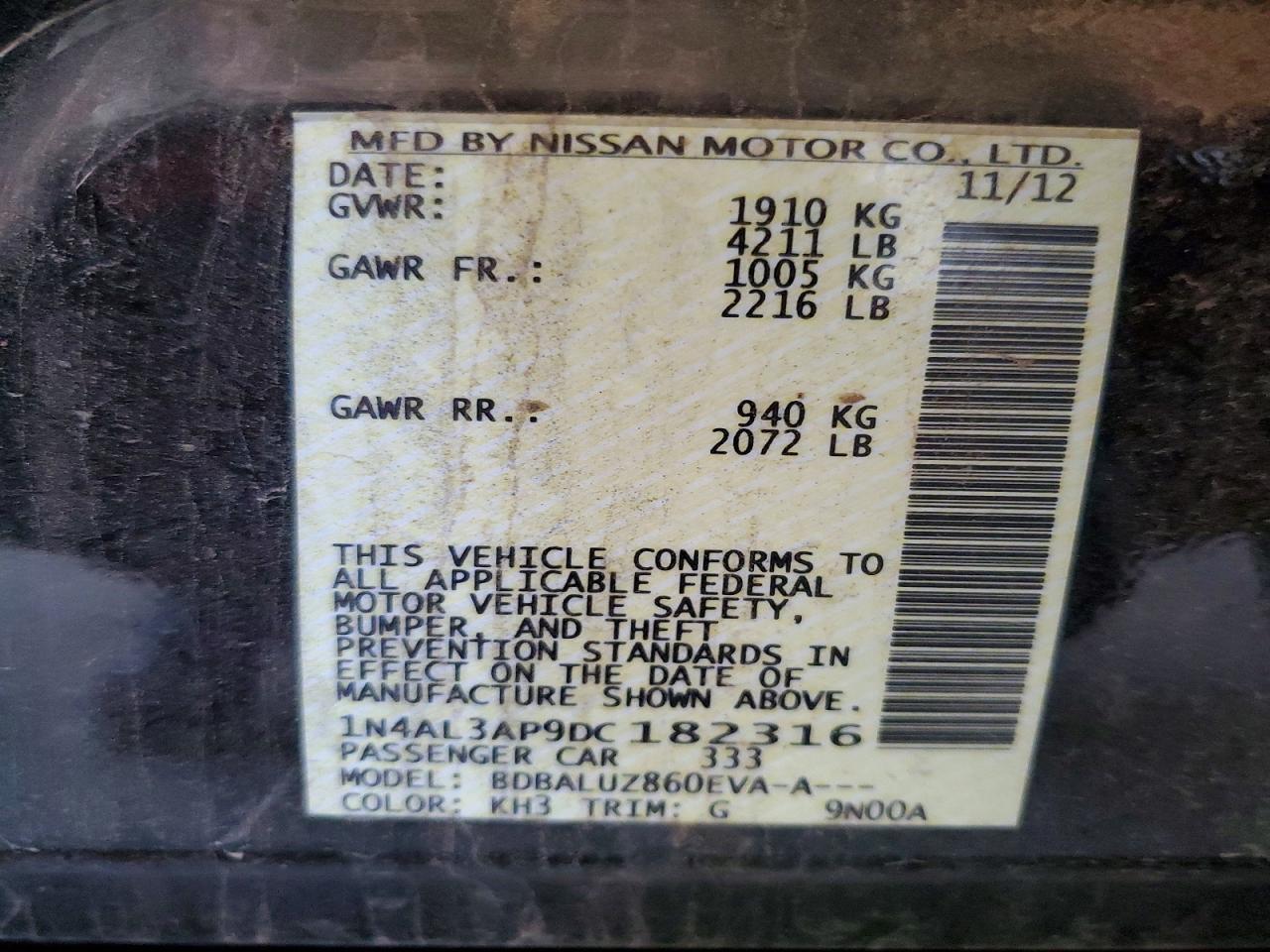 2013 Nissan Altima 2.5 Black vin: 1N4AL3AP9DC182316