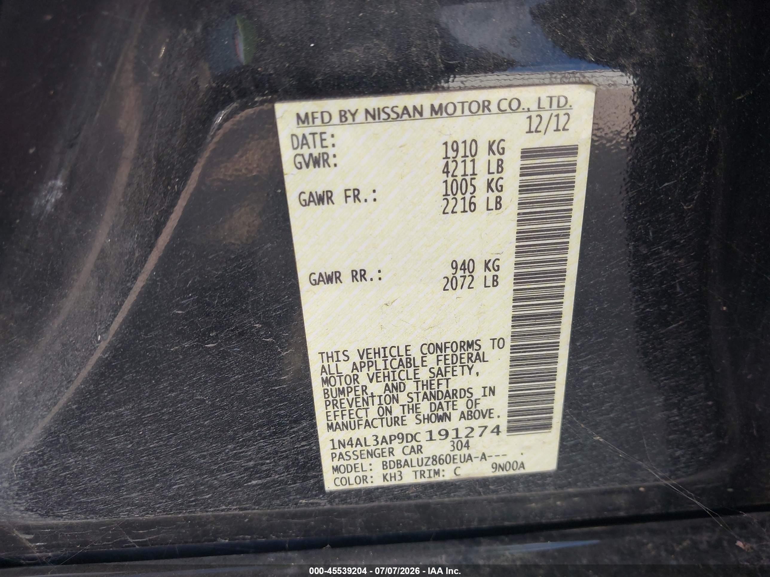 2013 Nissan Altima 2.5 Sv Black vin: 1N4AL3AP9DC191274