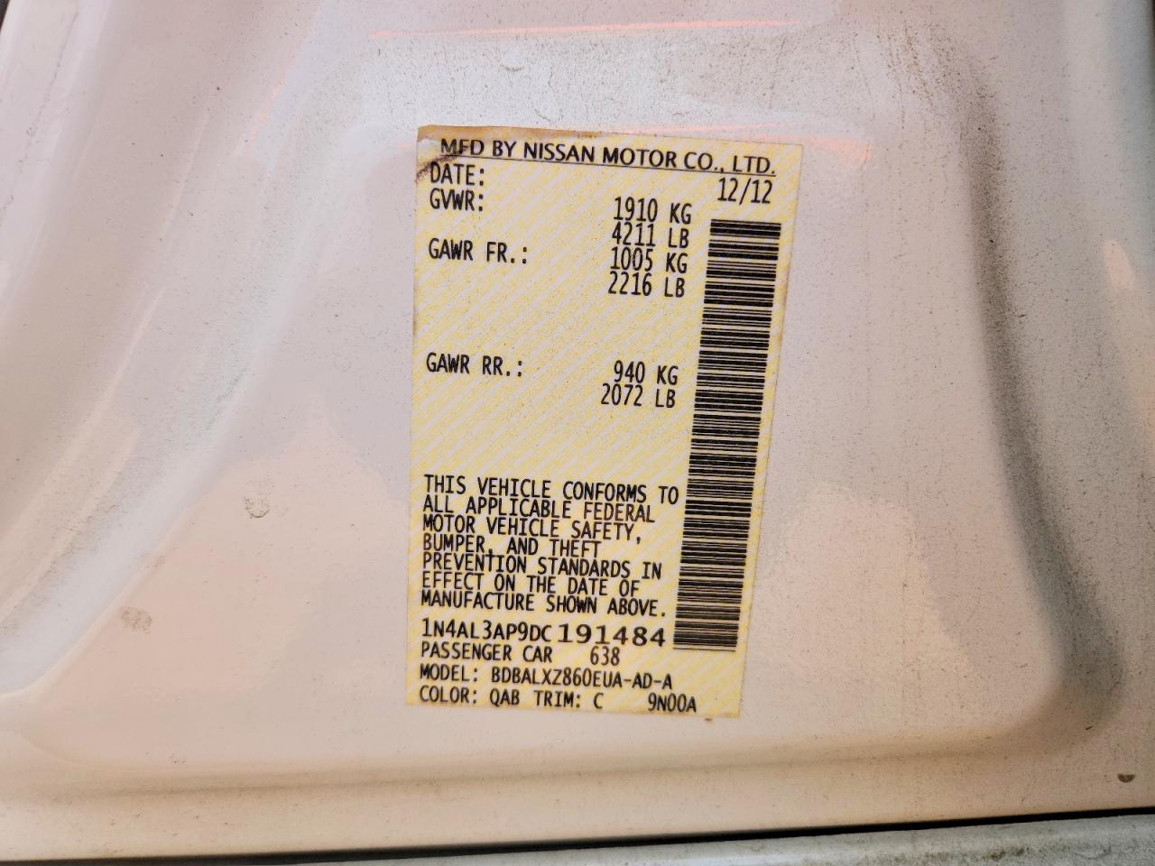 2013 Nissan Altima 2.5 White vin: 1N4AL3AP9DC191484