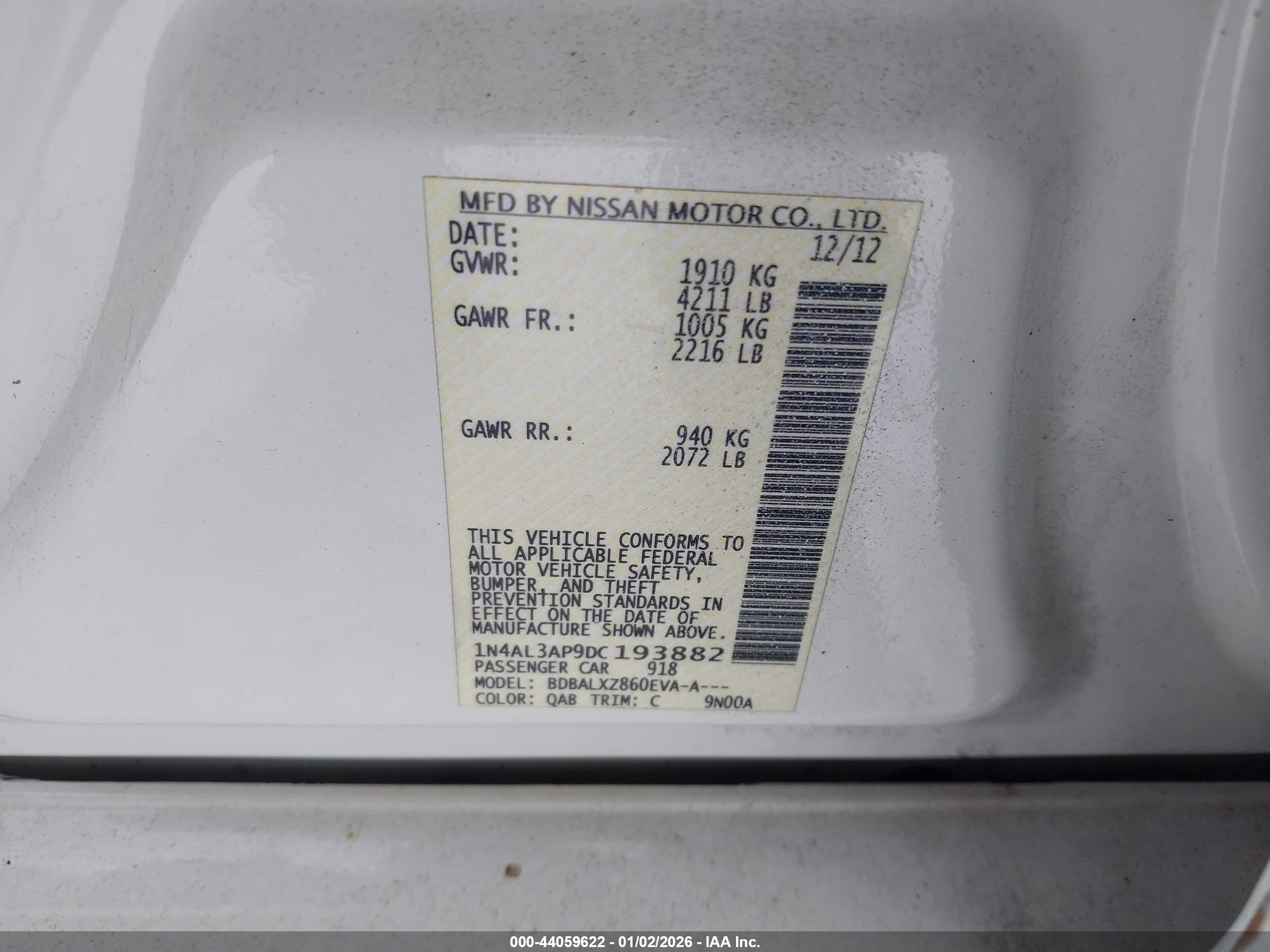 2013 Nissan Altima 2.5 Sl Белый vin: 1N4AL3AP9DC193882