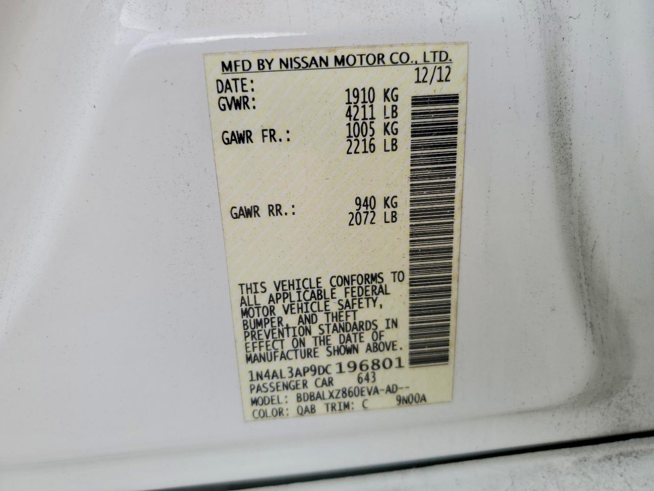 2013 Nissan Altima 2.5 Белый vin: 1N4AL3AP9DC196801