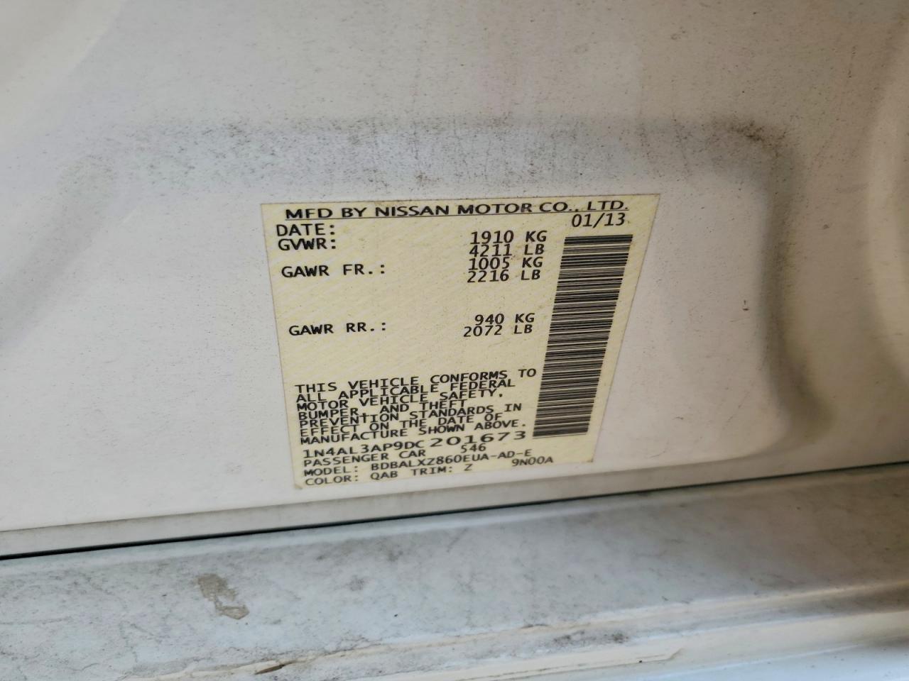 2013 Nissan Altima 2.5 White vin: 1N4AL3AP9DC201673