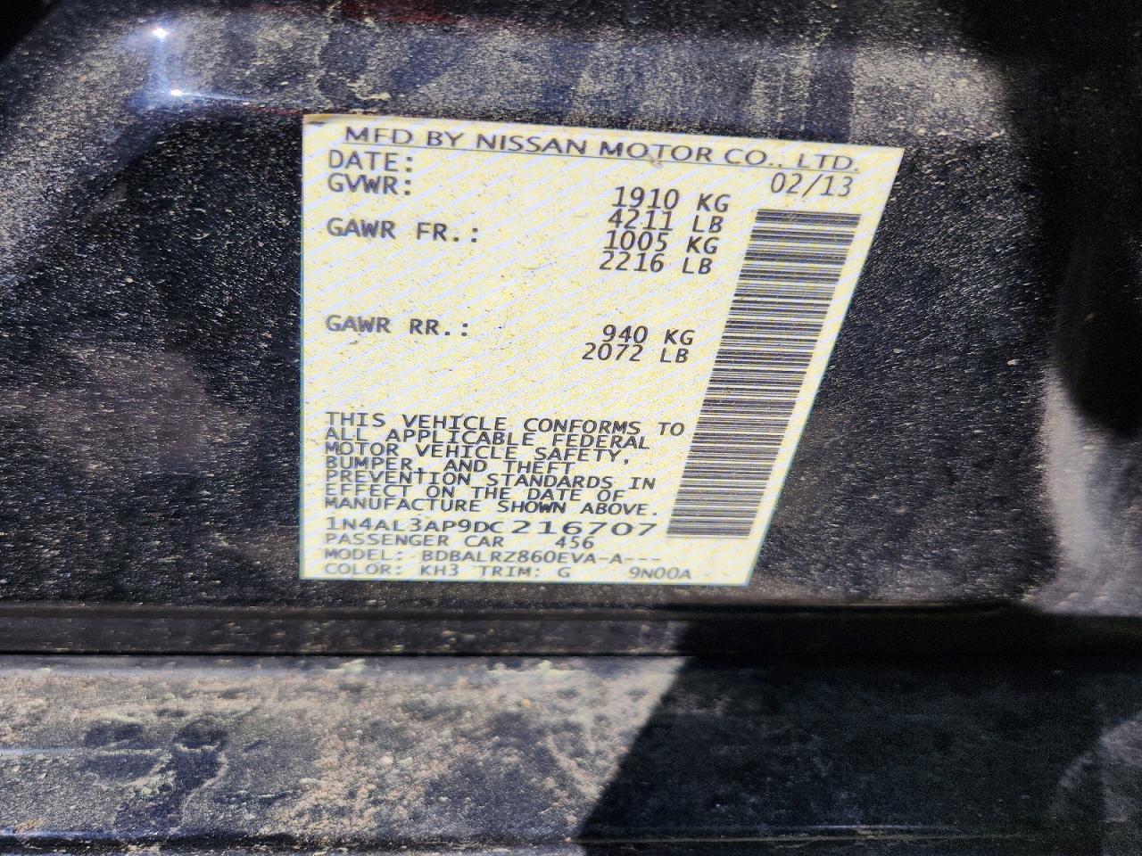 2013 Nissan Altima 2.5 Black vin: 1N4AL3AP9DC216707
