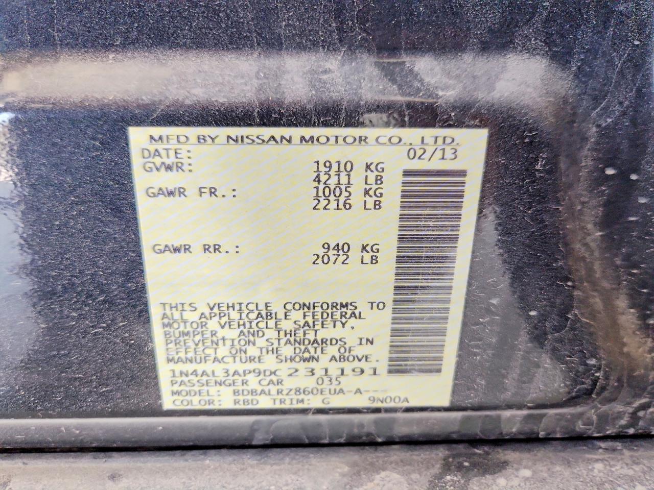 2013 Nissan Altima Угольный vin: 1N4AL3AP9DC231191