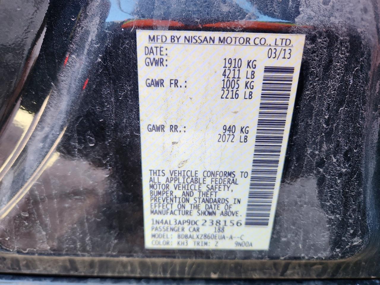 2013 Nissan Altima 2.5 Black vin: 1N4AL3AP9DC238156