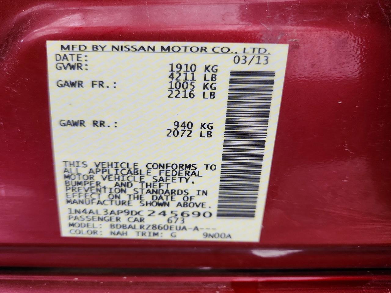 2013 Nissan Altima 2.5 Red vin: 1N4AL3AP9DC245690