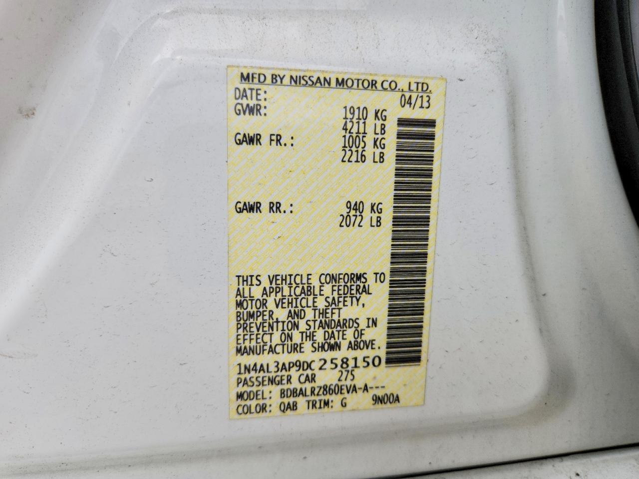 2013 Nissan Altima 2.5 Белый vin: 1N4AL3AP9DC258150