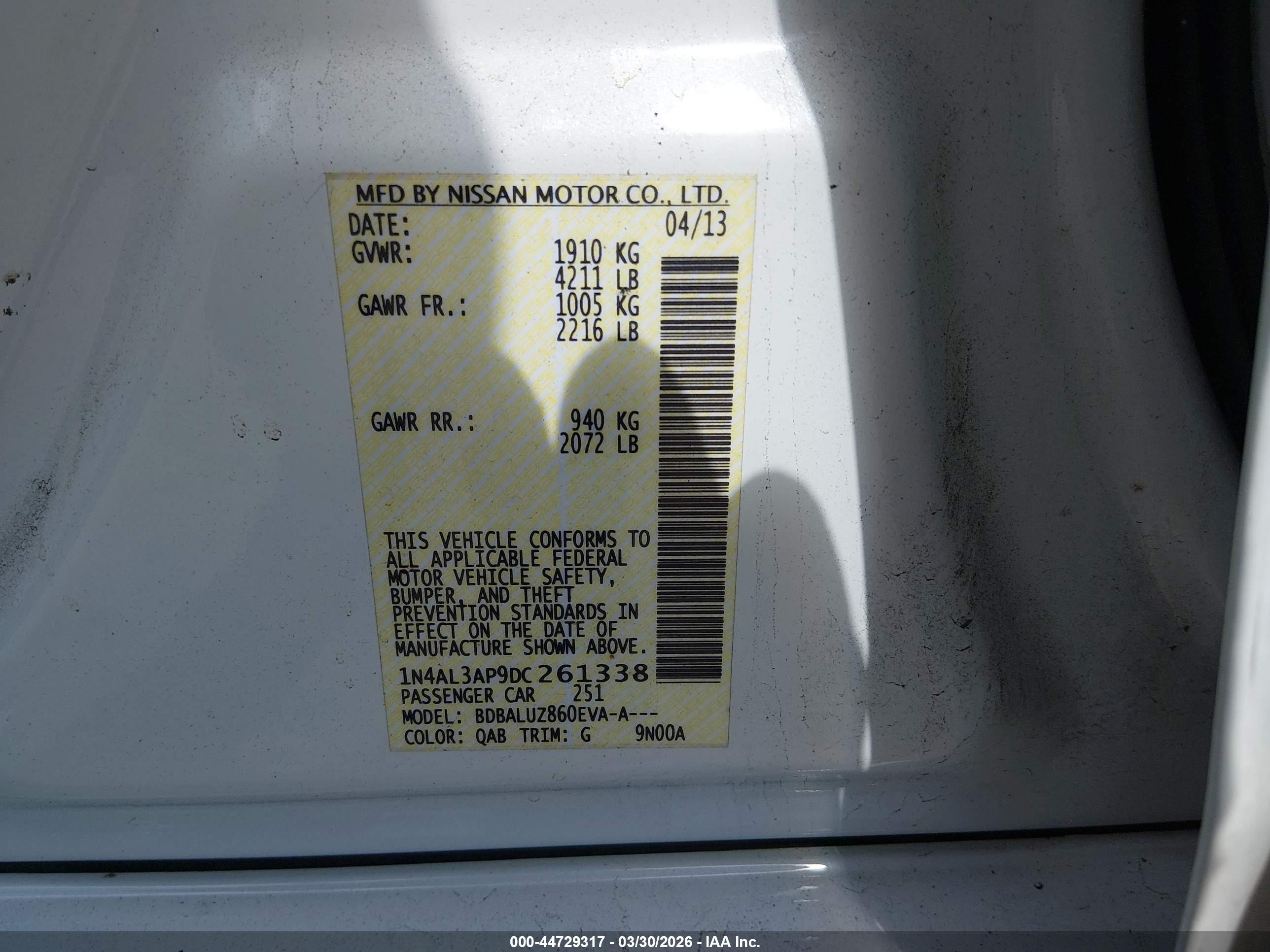 2013 Nissan Altima 2.5 Sv White vin: 1N4AL3AP9DC261338