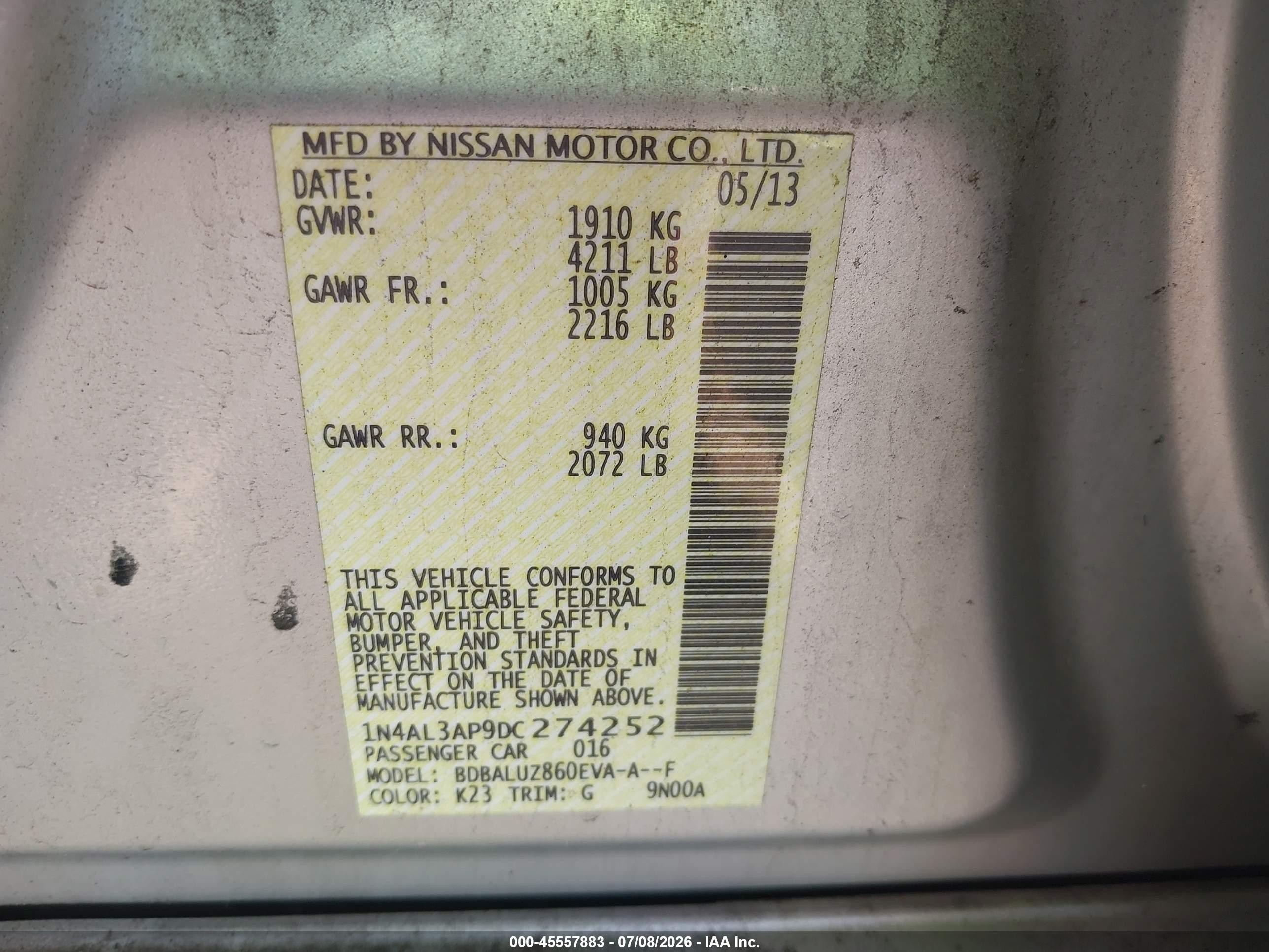 2013 Nissan Altima 2.5 Sv Silver vin: 1N4AL3AP9DC274252
