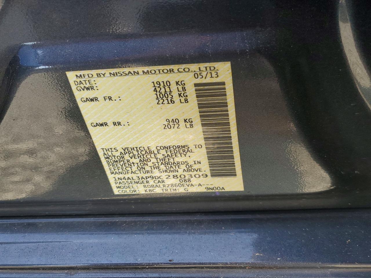 2013 Nissan Altima 2.5 Charcoal vin: 1N4AL3AP9DC280309