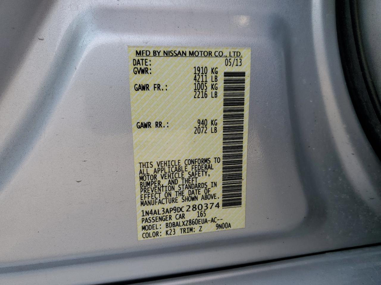 2013 Niss Altima White vin: 1N4AL3AP9DC280374