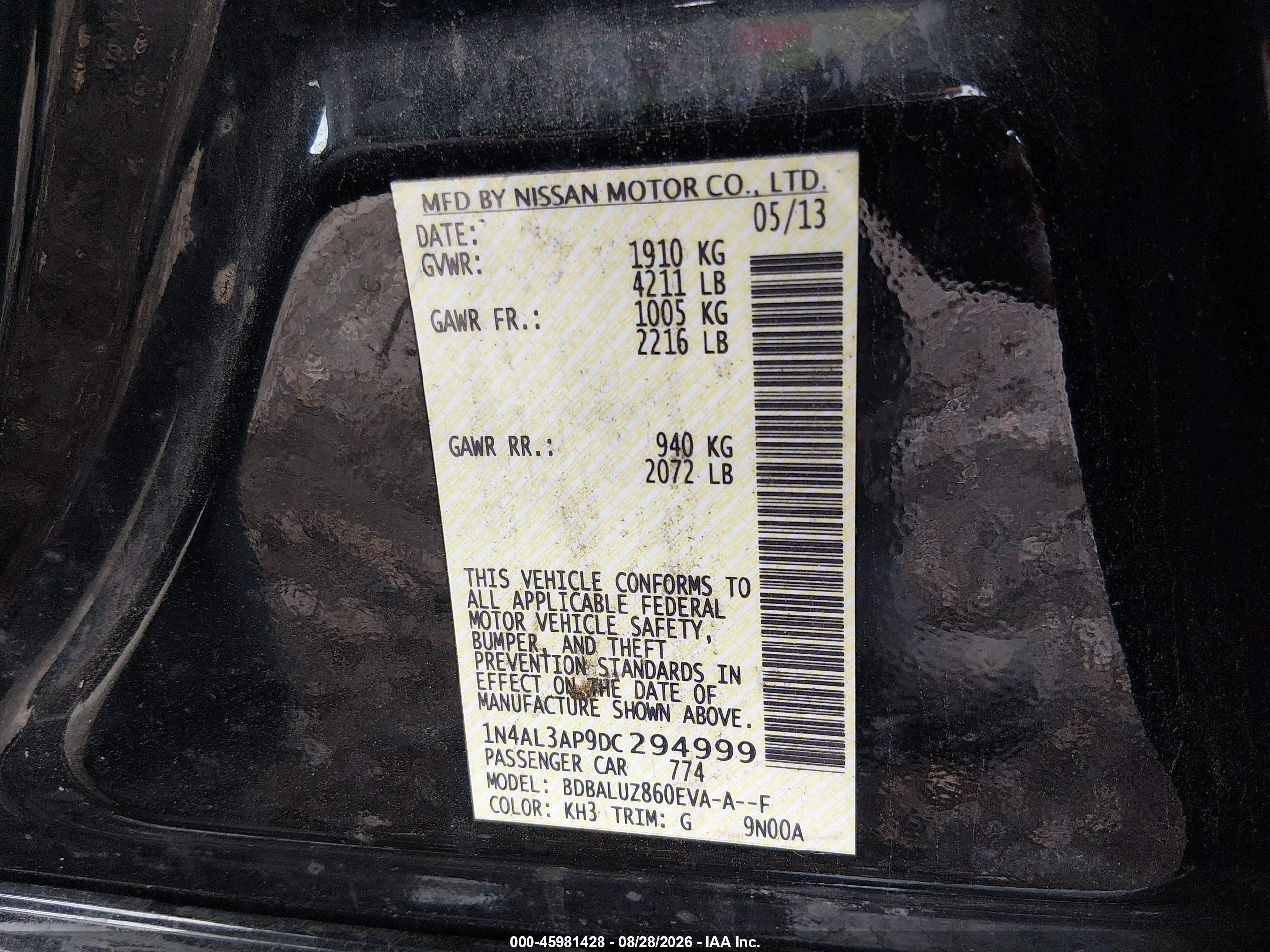 2013 Nissan Altima 2.5 Sv Black vin: 1N4AL3AP9DC294999