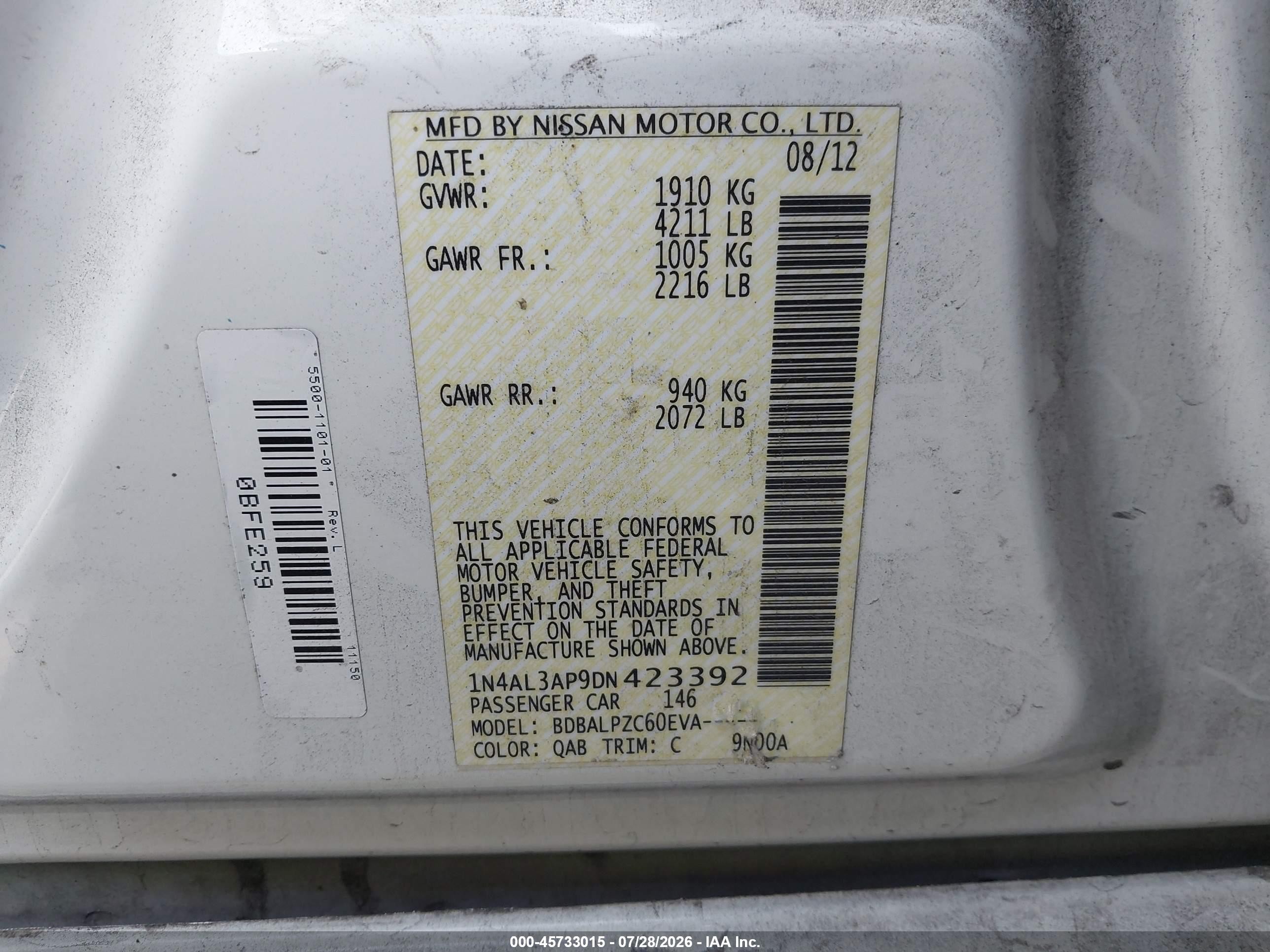2013 Nissan Altima 2.5 White vin: 1N4AL3AP9DN423392