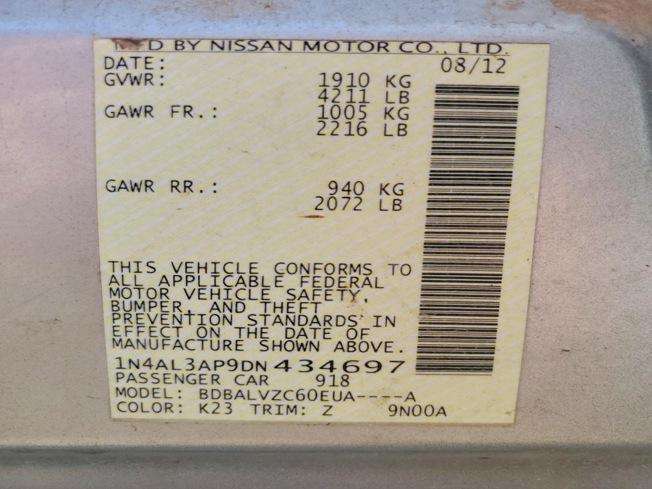 2013 Nissan Altima 2.5 Gray vin: 1N4AL3AP9DN434697