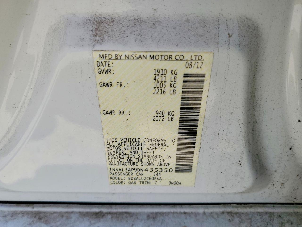 2013 Nissan Altima 2.5 White vin: 1N4AL3AP9DN435350