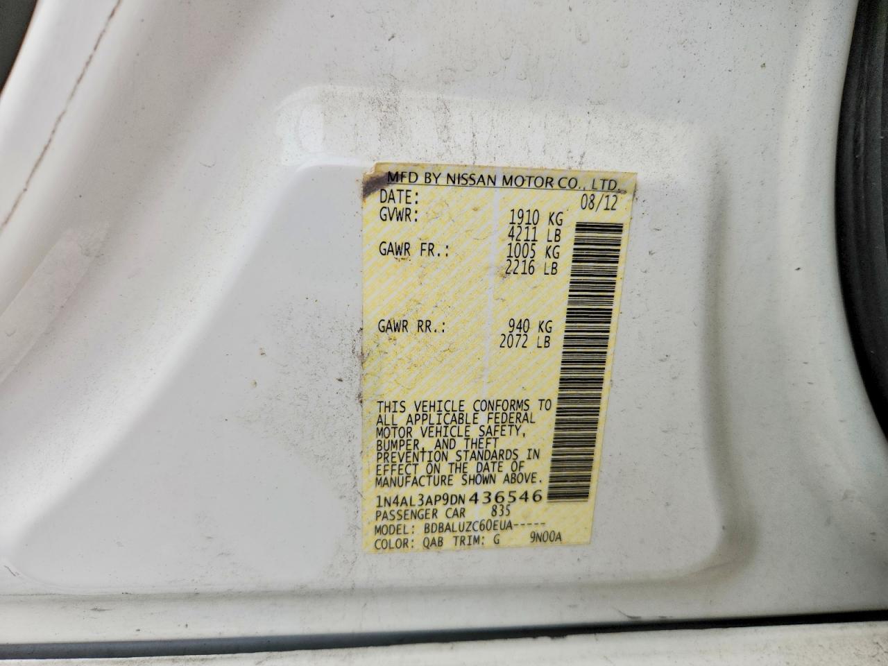 2013 Nissan Altima 2.5 White vin: 1N4AL3AP9DN436546