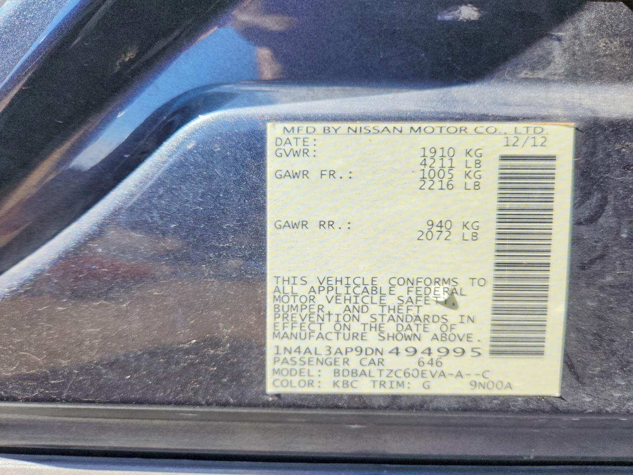 2013 Nissan Altima 2.5 Gray vin: 1N4AL3AP9DN494995