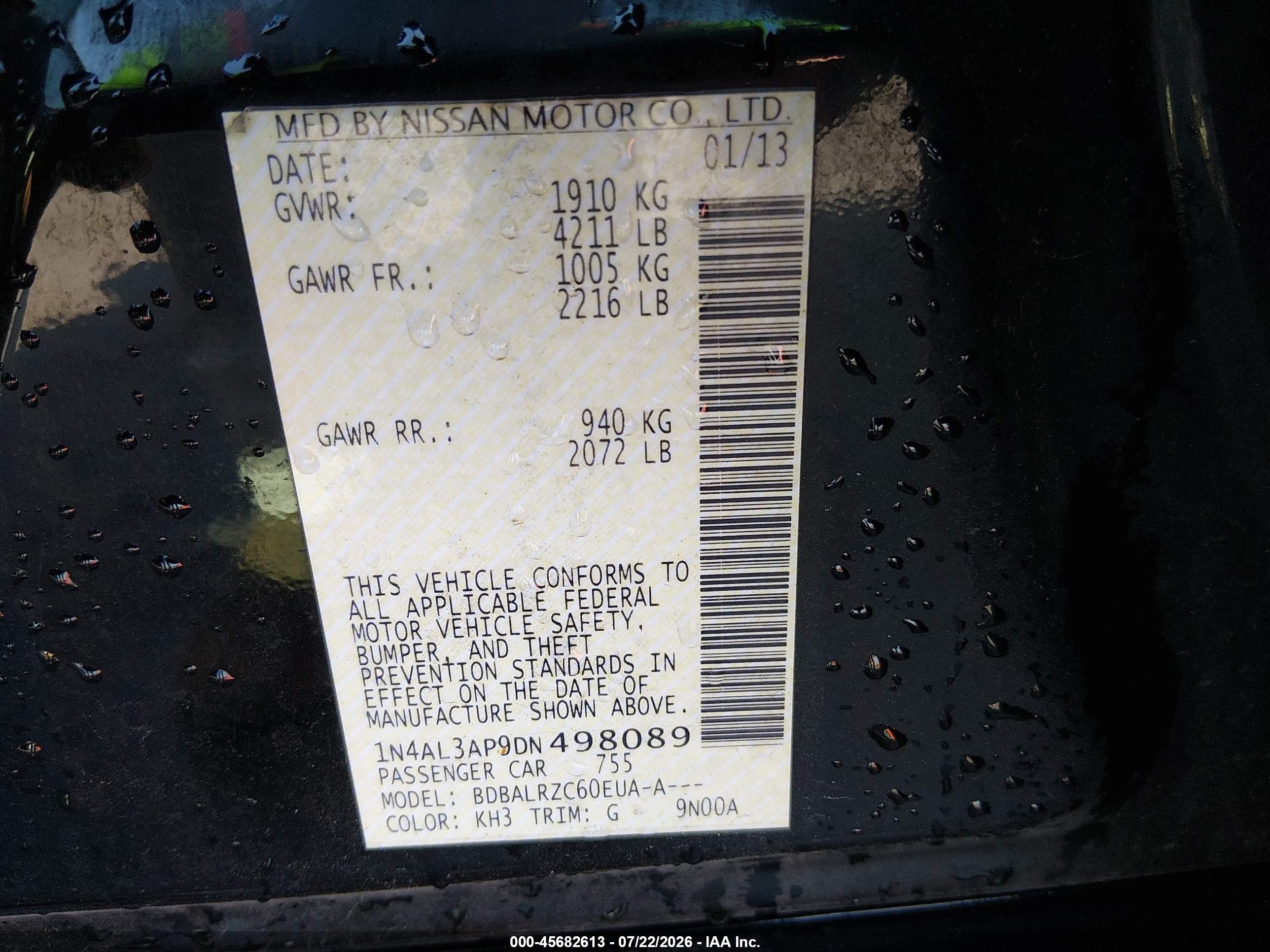 2013 Nissan Altima 2.5 S Black vin: 1N4AL3AP9DN498089