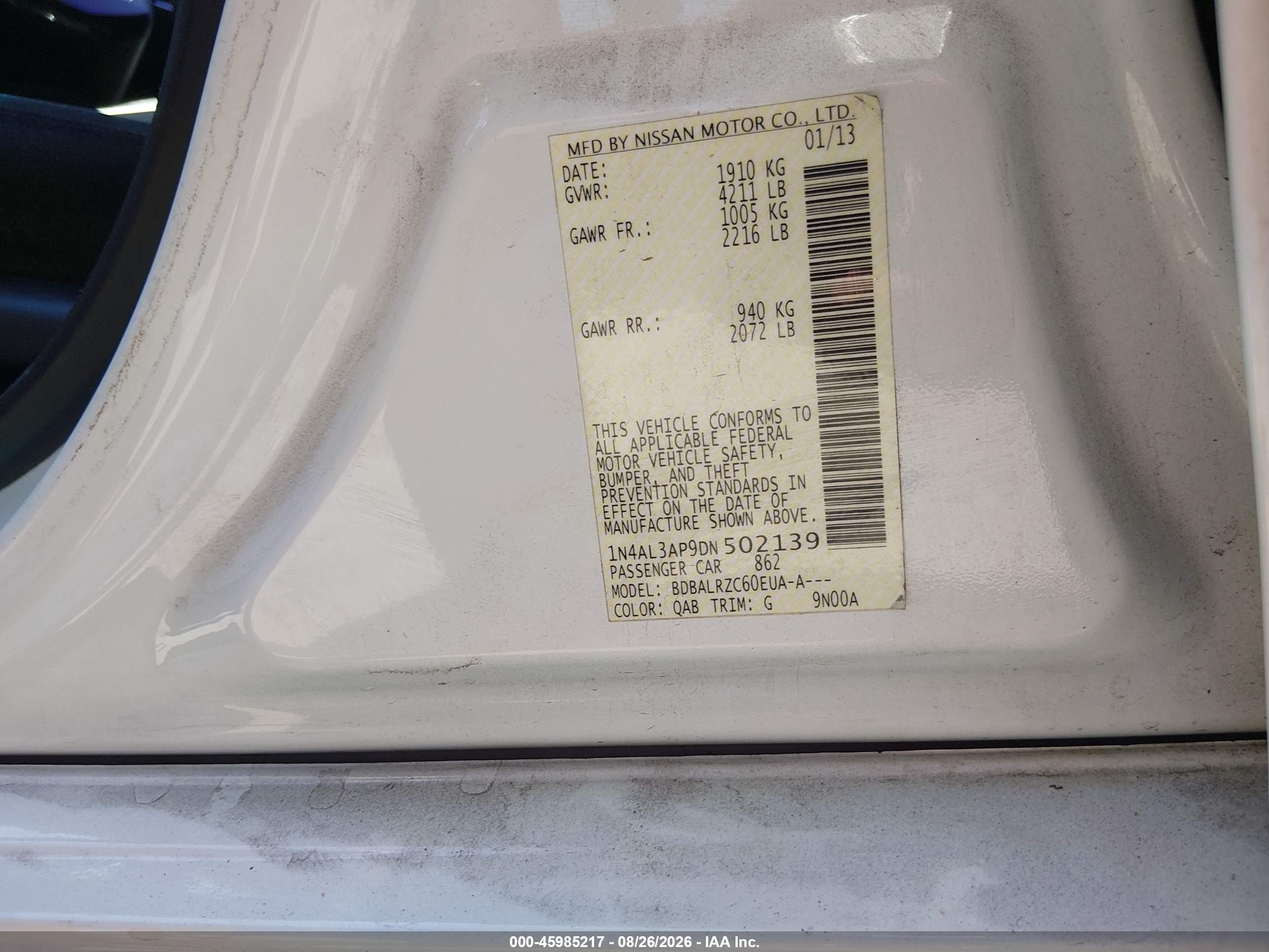 2013 Nissan Altima 2.5 S White vin: 1N4AL3AP9DN502139