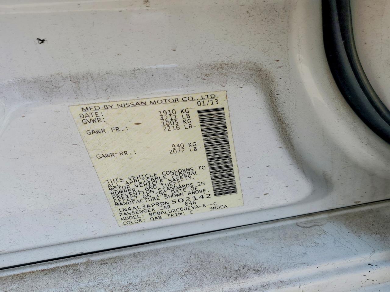 2013 Nissan Altima 2.5 White vin: 1N4AL3AP9DN502142