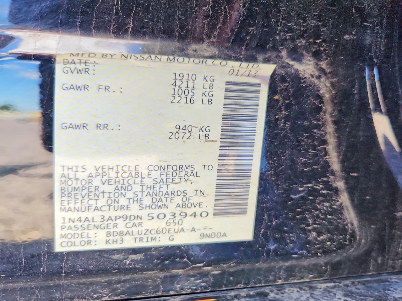 2013 Nissan Altima 2.5 Black vin: 1N4AL3AP9DN503940