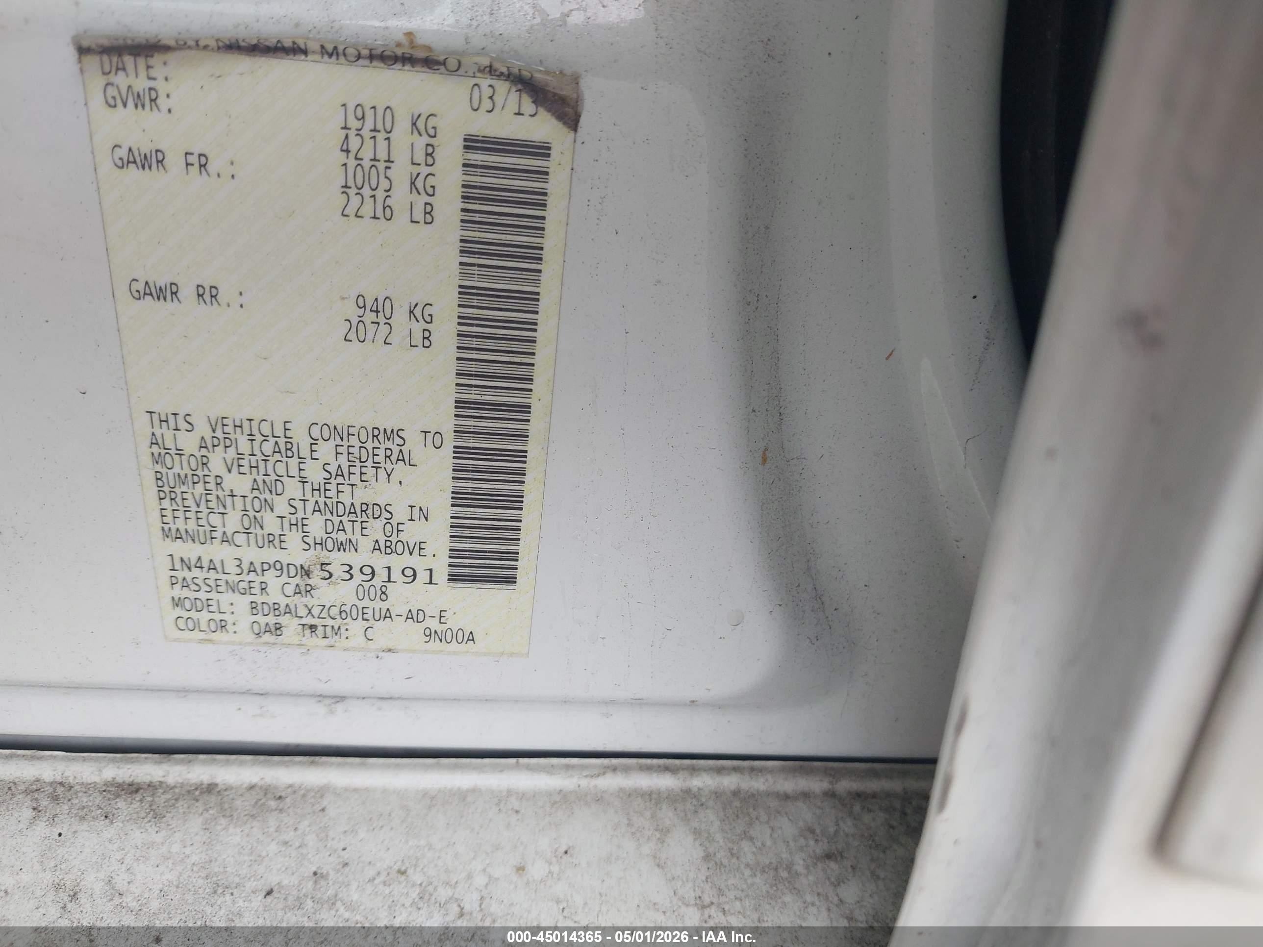 2013 Nissan Altima 2.5 Sl Белый vin: 1N4AL3AP9DN539191