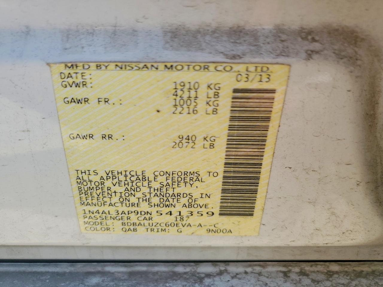2013 Nissan Altima 2.5 White vin: 1N4AL3AP9DN541359