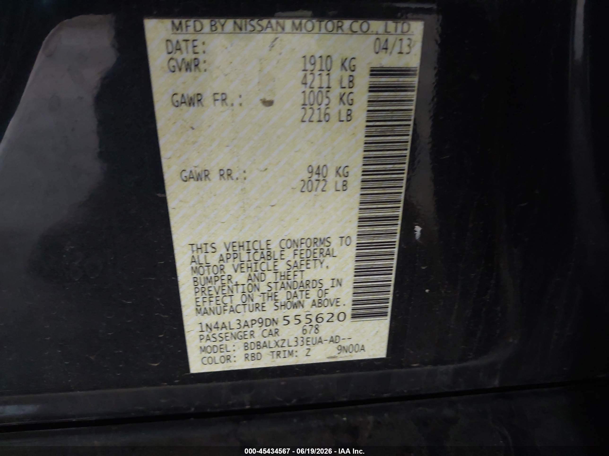 2013 Nissan Altima 2.5 Sl Black vin: 1N4AL3AP9DN555620
