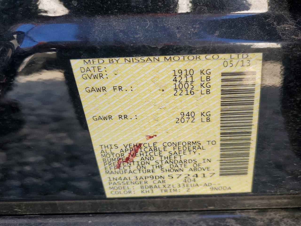 2013 Nissan Altima 2.5 Black vin: 1N4AL3AP9DN572417