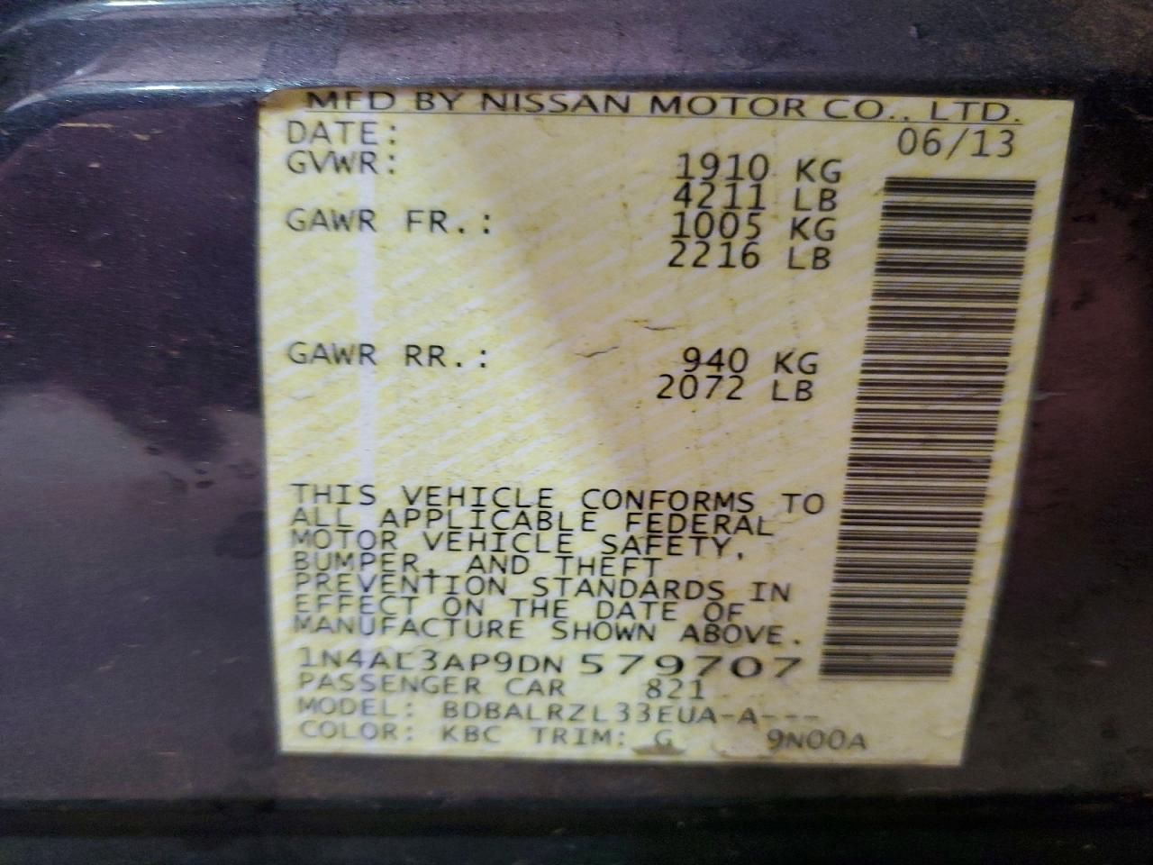 2013 Nissan Altima 2.5 Charcoal vin: 1N4AL3AP9DN579707