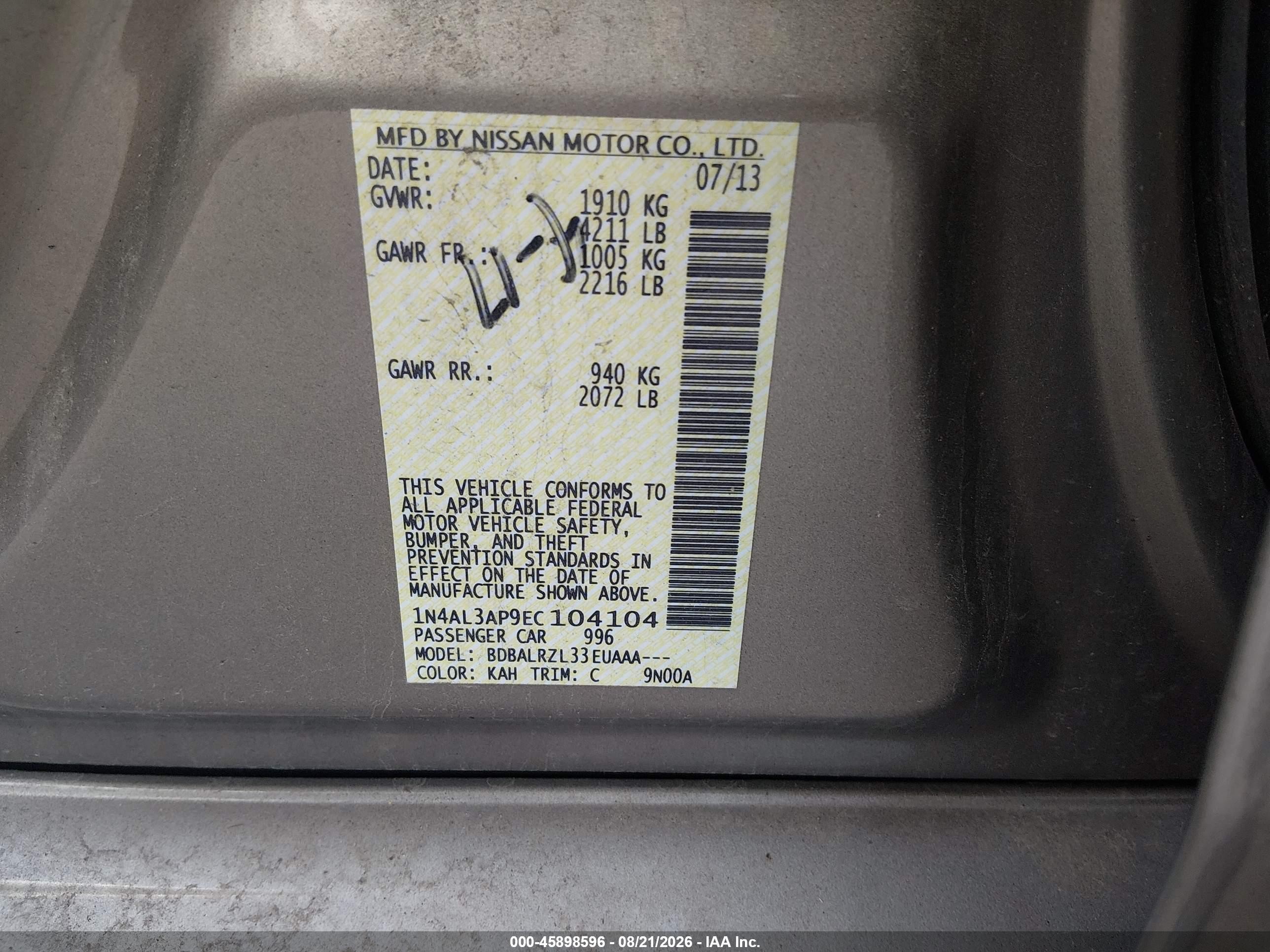 2014 Nissan Altima 2.5 S Tan vin: 1N4AL3AP9EC104104