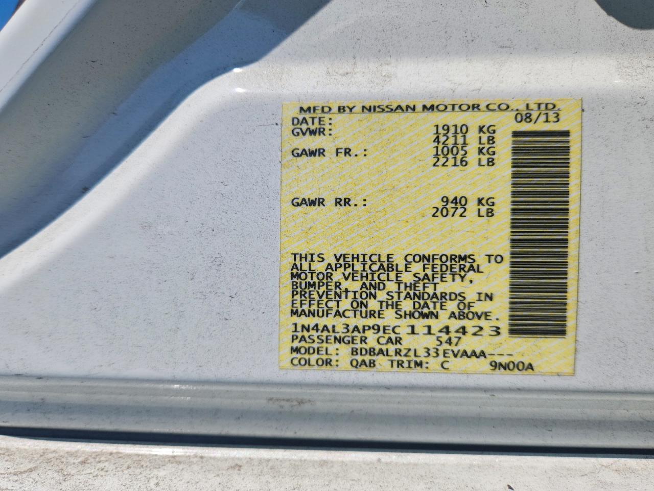 2014 Nissan Altima 2.5 White vin: 1N4AL3AP9EC114423