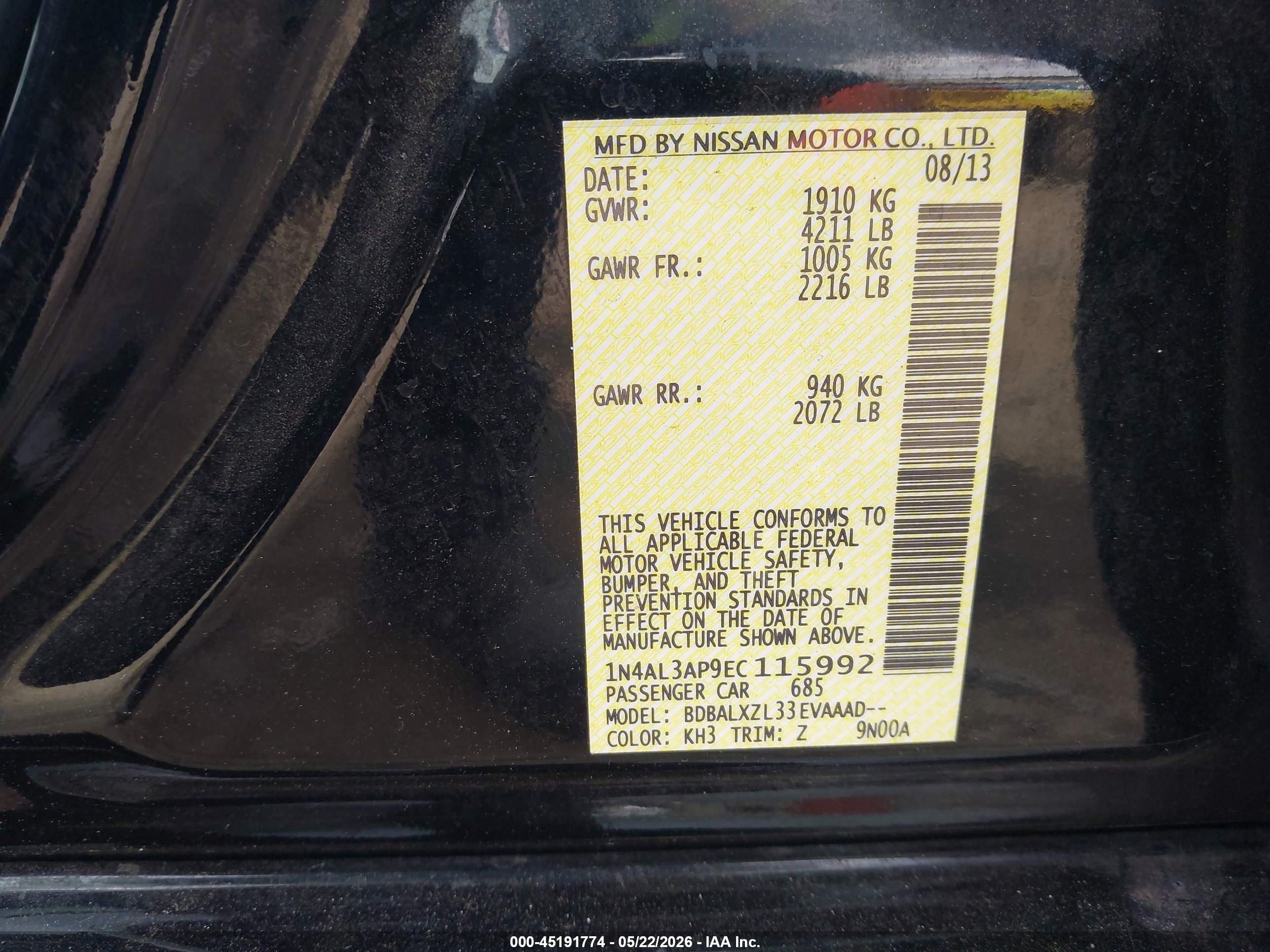 2014 Nissan Altima 2.5 Sl Black vin: 1N4AL3AP9EC115992