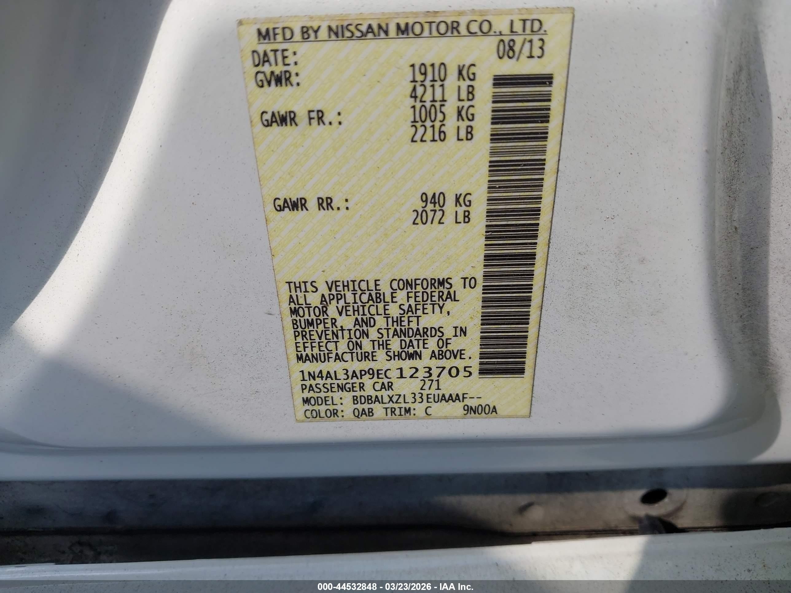 2014 Nissan Altima 2.5 Sl White vin: 1N4AL3AP9EC123705
