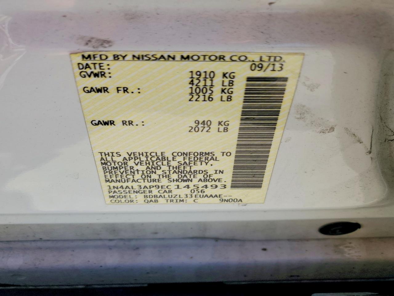 2014 Nissan Altima 2.5 Sv White vin: 1N4AL3AP9EC145493