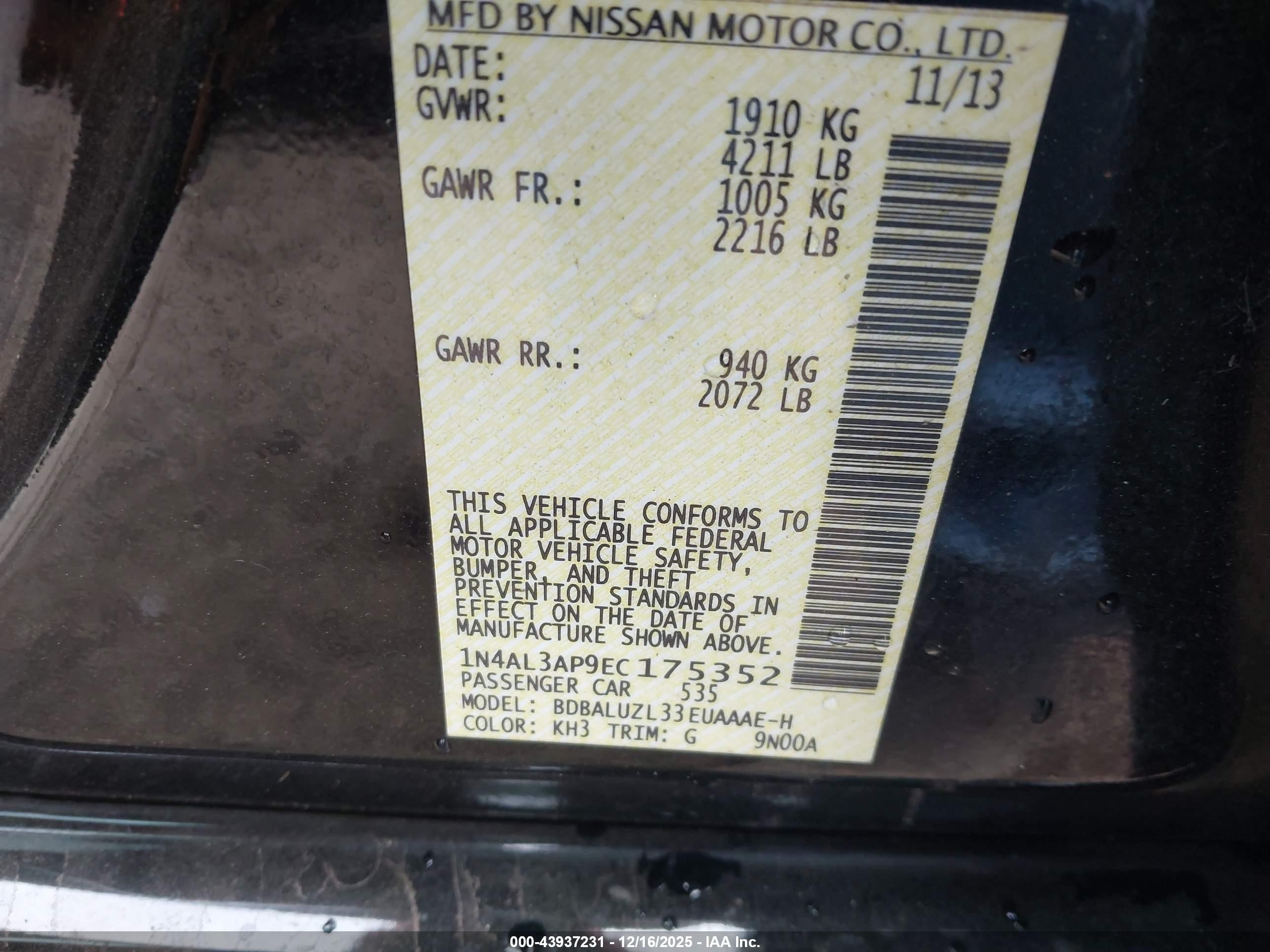 2014 Nissan Altima 2.5 Sv Black vin: 1N4AL3AP9EC175352