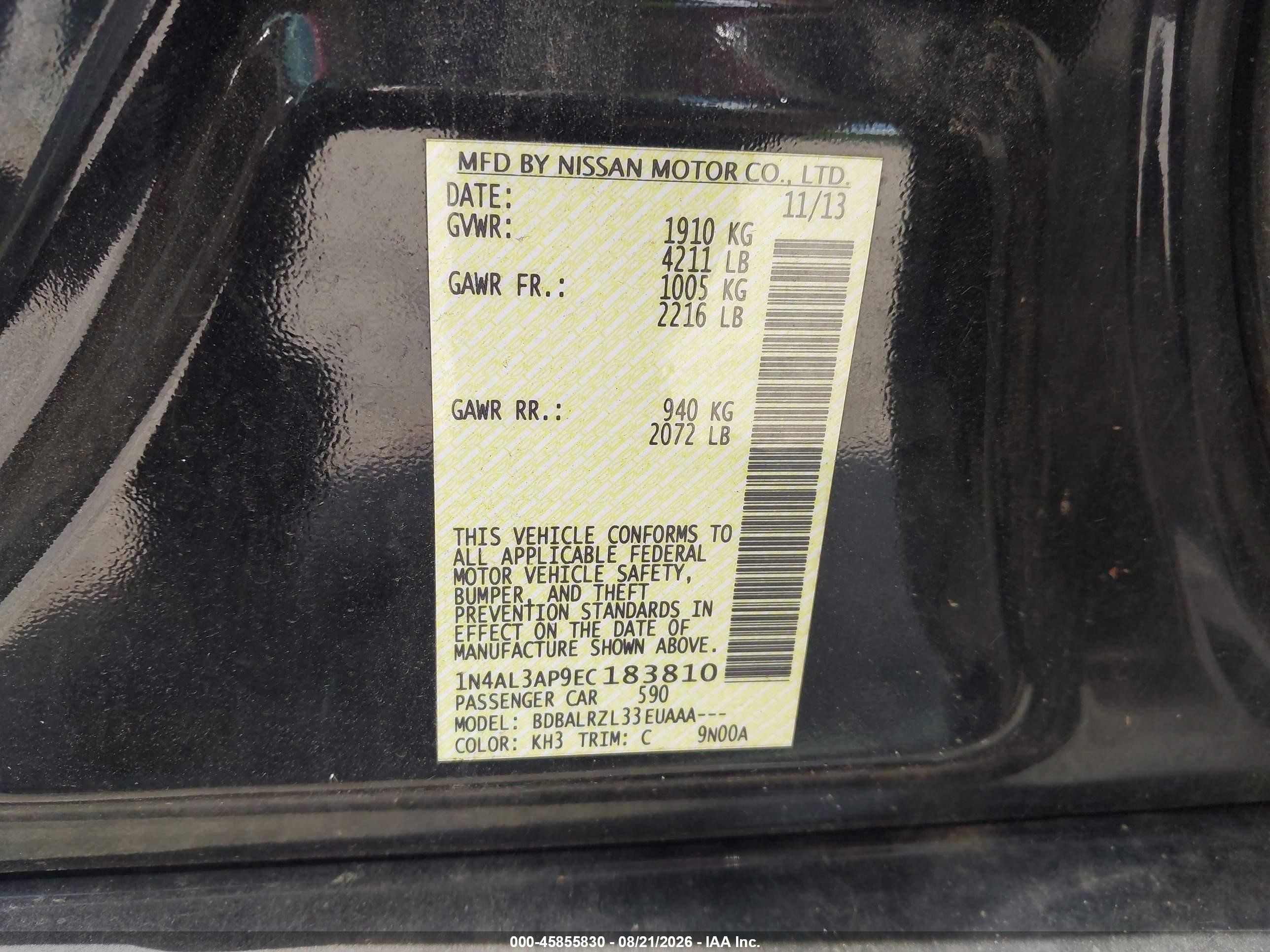 2014 Nissan Altima 2.5 S Black vin: 1N4AL3AP9EC183810