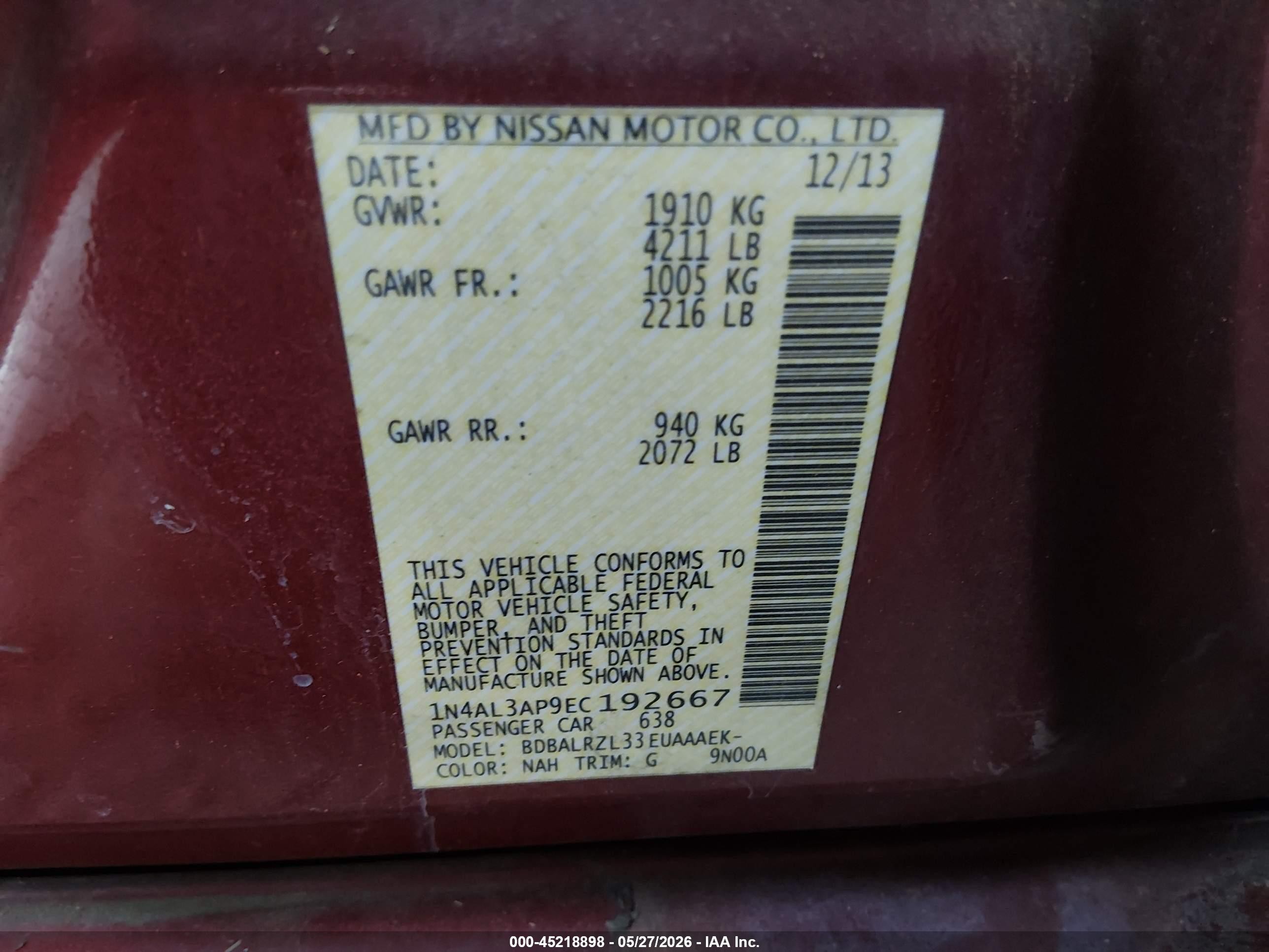 2014 Nissan Altima 2.5 S Burgundy vin: 1N4AL3AP9EC192667