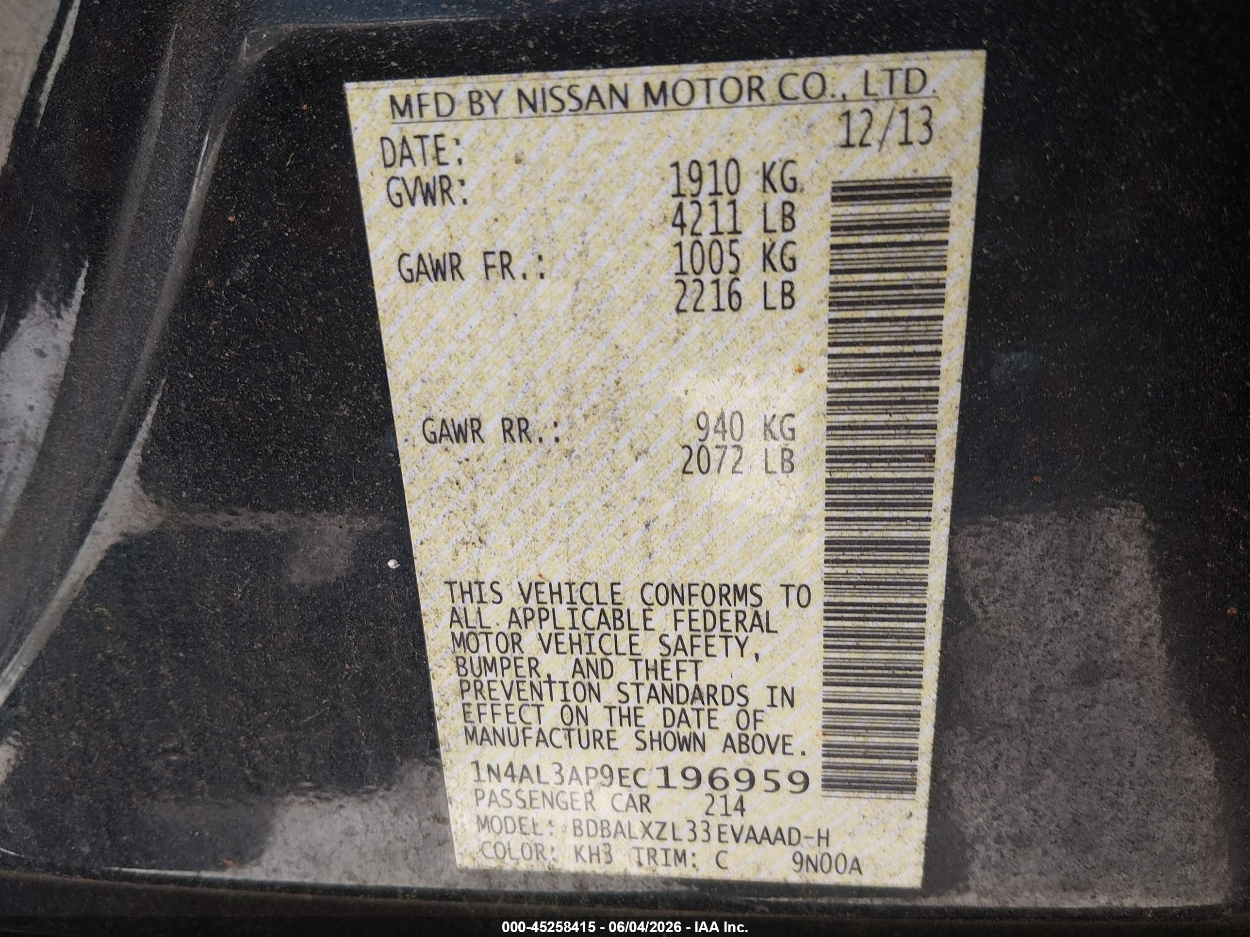 2014 Nissan Altima 2.5 Sl Black vin: 1N4AL3AP9EC196959