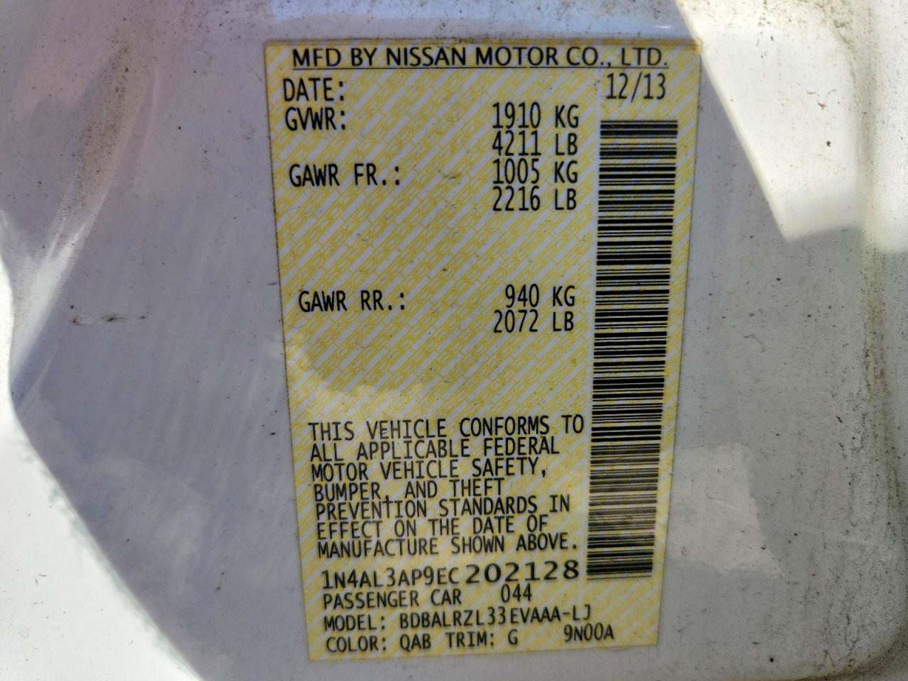 2014 Nissan Altima 2.5 S White vin: 1N4AL3AP9EC202128