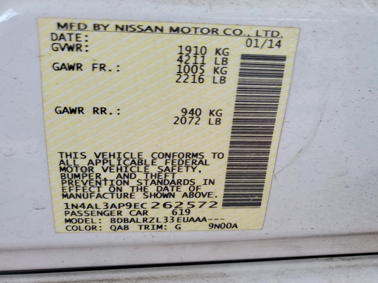2014 Nissan Altima 2.5 White vin: 1N4AL3AP9EC262572