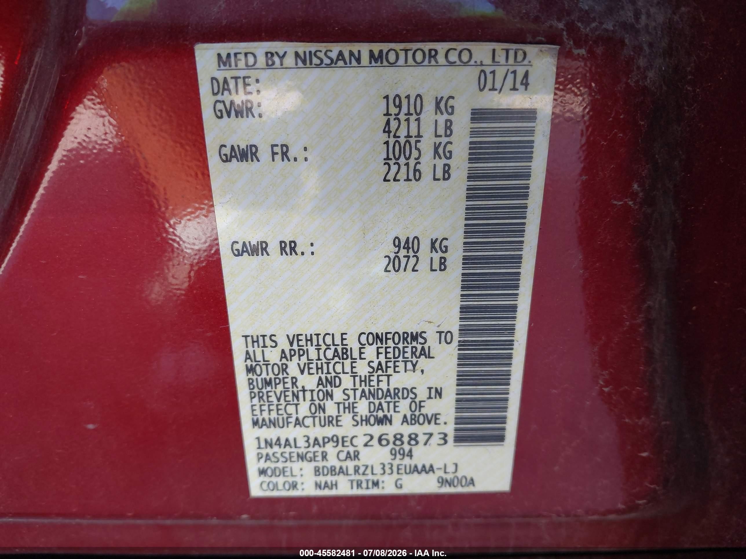 2014 Nissan Altima 2.5 S Red vin: 1N4AL3AP9EC268873