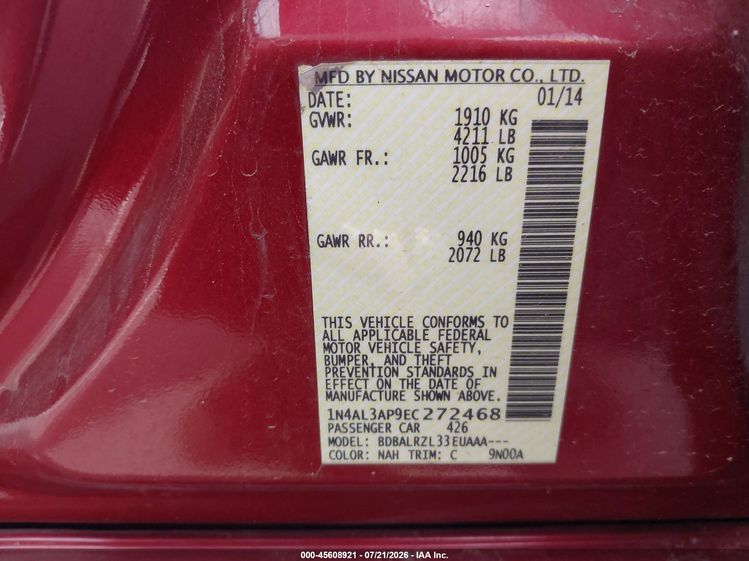 2014 Nissan Altima 2.5/2.5 S/2.5 Sl/2.5 Sv Красный vin: 1N4AL3AP9EC272468
