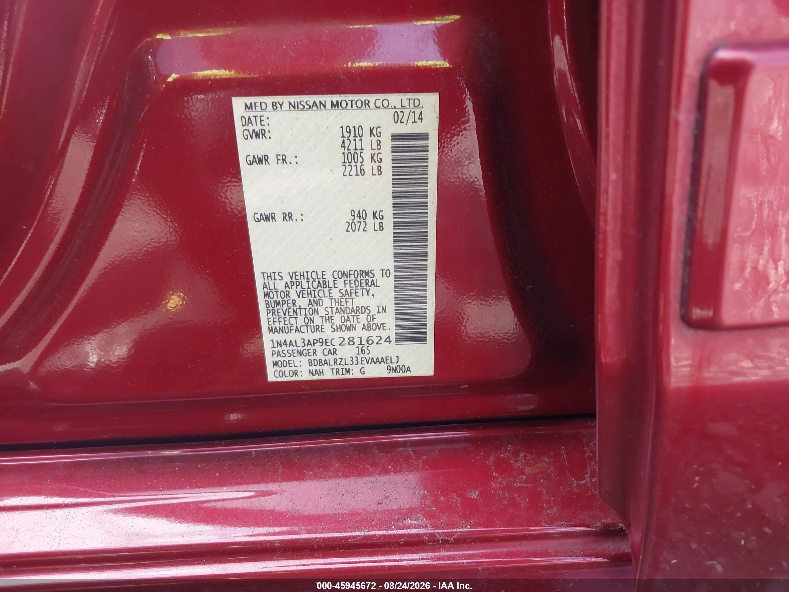 2014 Nissan Altima 2.5 S Red vin: 1N4AL3AP9EC281624