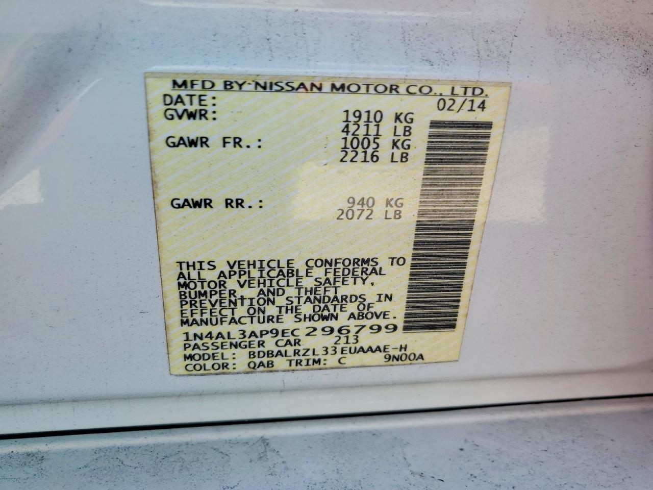 2014 Nissan Altima 2.5 S White vin: 1N4AL3AP9EC296799