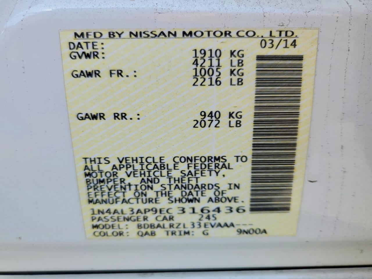 2014 Nissan Altima 2.5 S White vin: 1N4AL3AP9EC316436