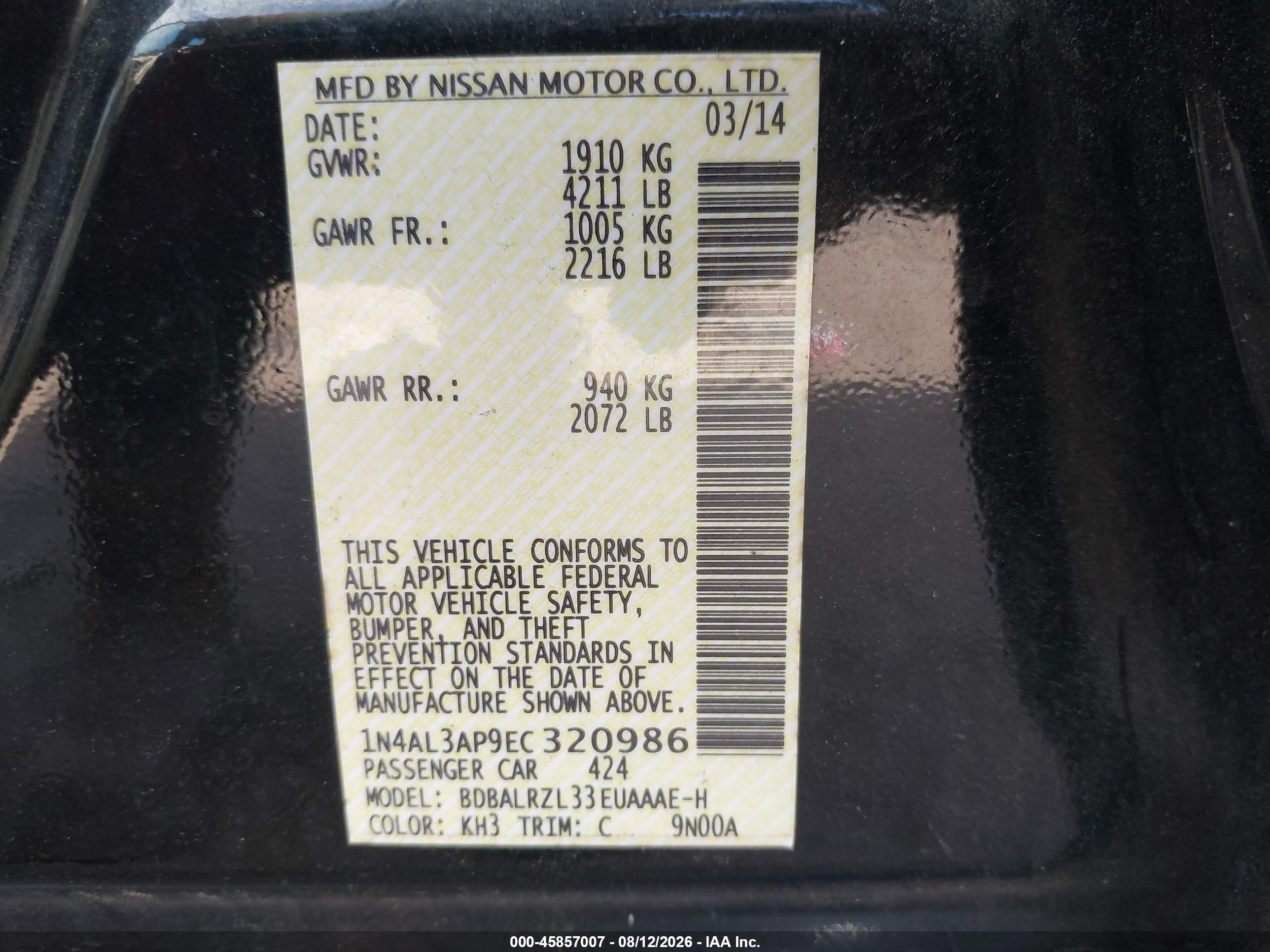 2014 Nissan Altima 2.5 S Black vin: 1N4AL3AP9EC320986