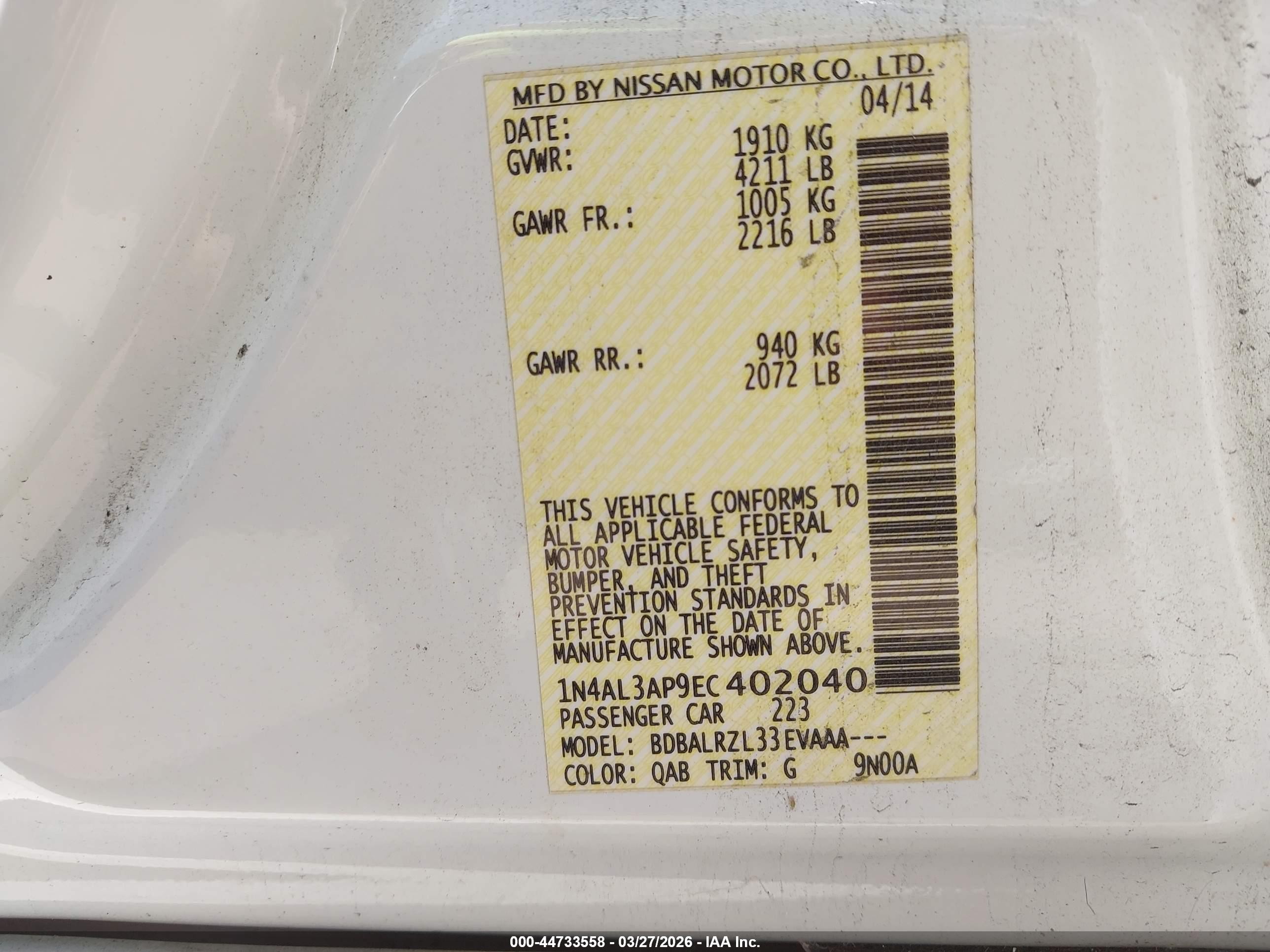2014 Nissan Altima 2.5/2.5 S/2.5 Sl/2.5 Sv White vin: 1N4AL3AP9EC402040