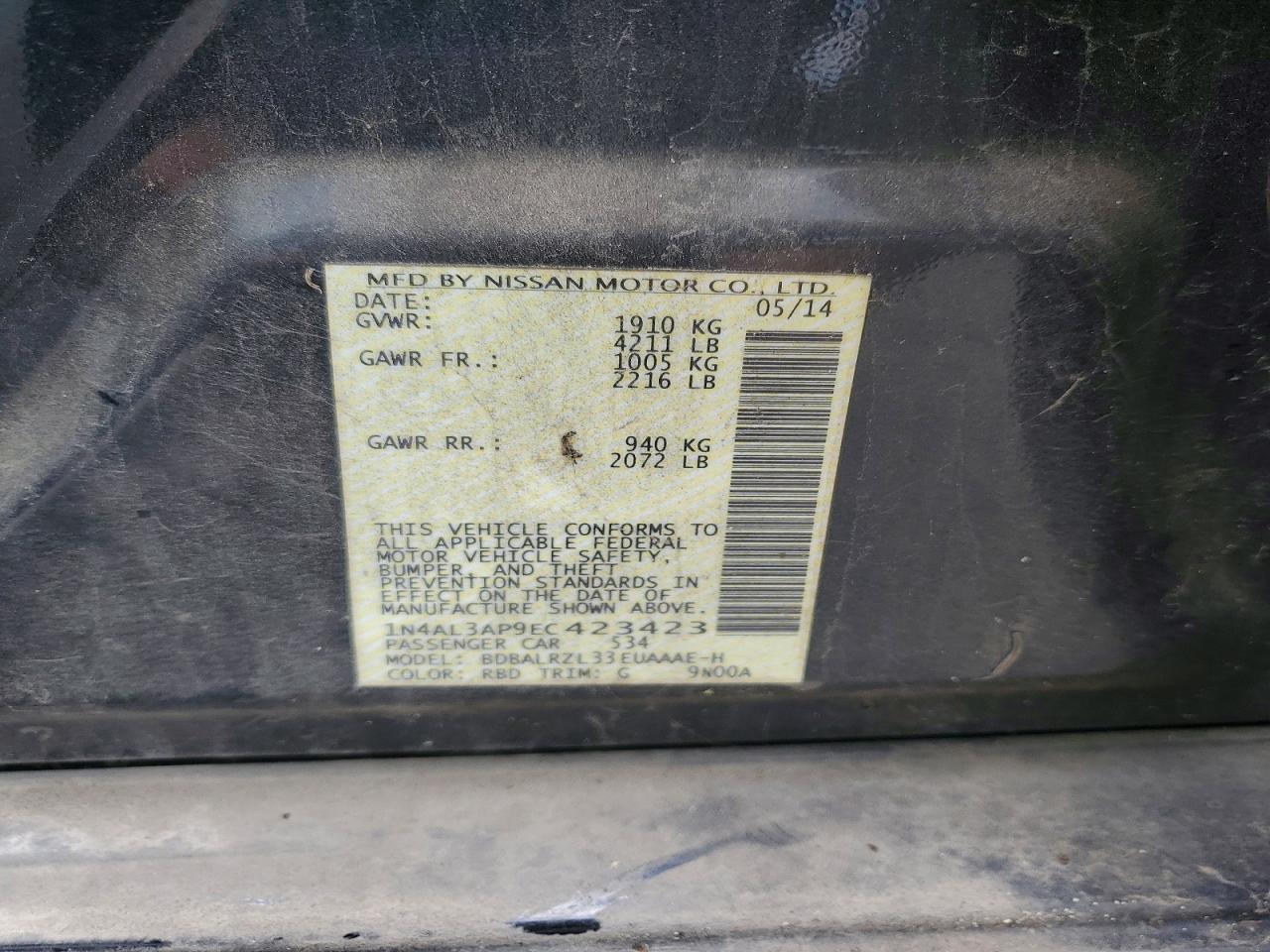 2014 Nissan Altima 2.5 S Black vin: 1N4AL3AP9EC423423